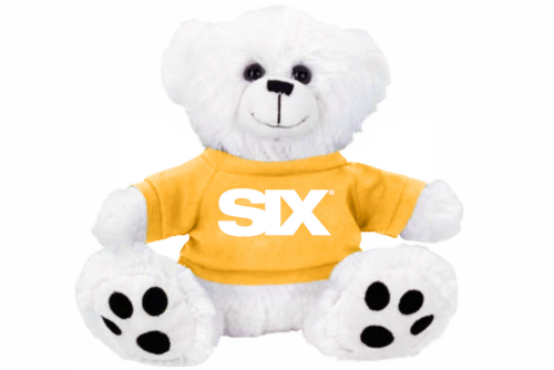 white stuffed bear with yellow SIX shirt