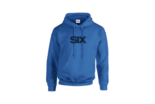 blue pullover hoodie with black SIX logo