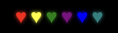 all six colors - red, yellow, green, purple, blue, teal - in heart shapes