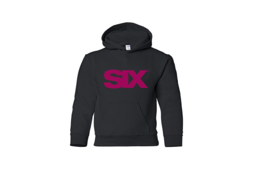 SIX black youth hoodie with raspberry glitter logo