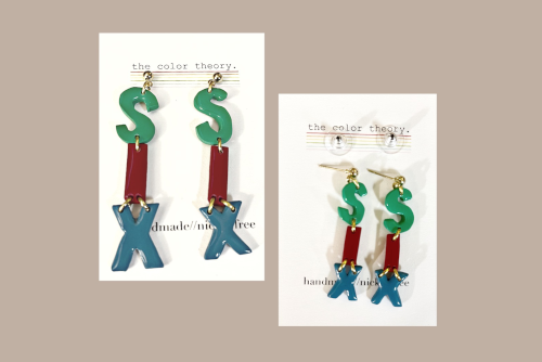 earrings with letters S I X hung vertically