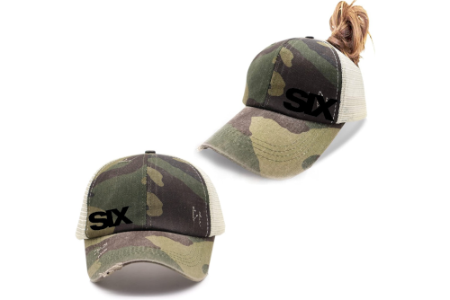 SIX distressed camo ponytail trucker cap with black flog logo
