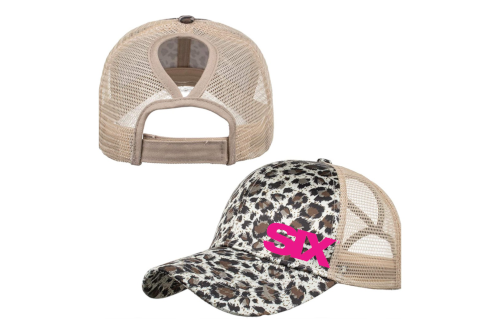 SIX leopard print ponytail trucker cap with hot pink glitter logo