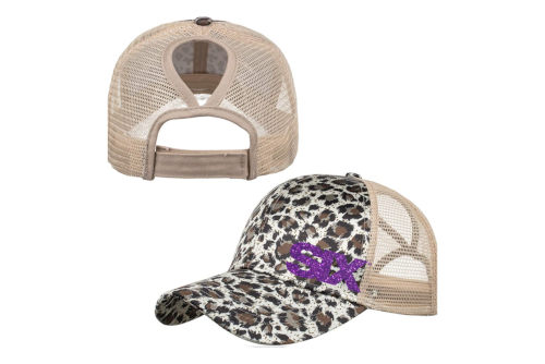 SIX leopard print ponytail trucker cap with purple glitter logo