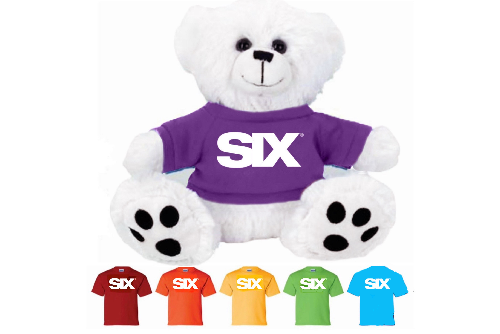 white paw bear with white SIX logo on one of six colored T-shirts - red, orange, yellow, green, purple or teal