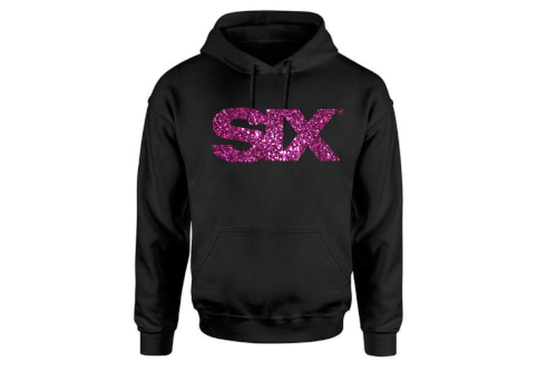 six adult black hoodie with raspberry glitter logo