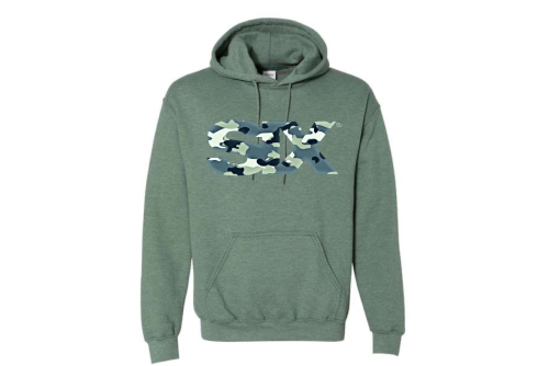 six adult heather green hoodie with camouflage logo