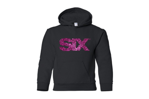 six black youth hoodie with raspberry glitter logo