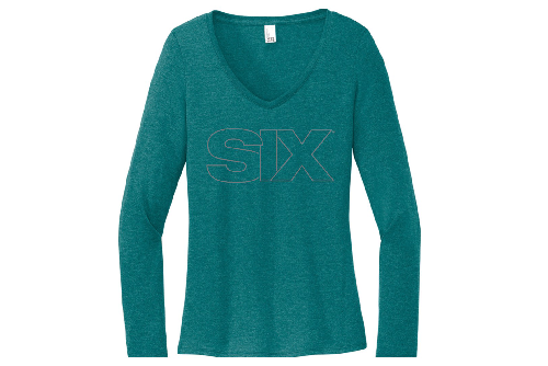 SIX teal long sleeved ladies v-neck shirt with silver metallic logo