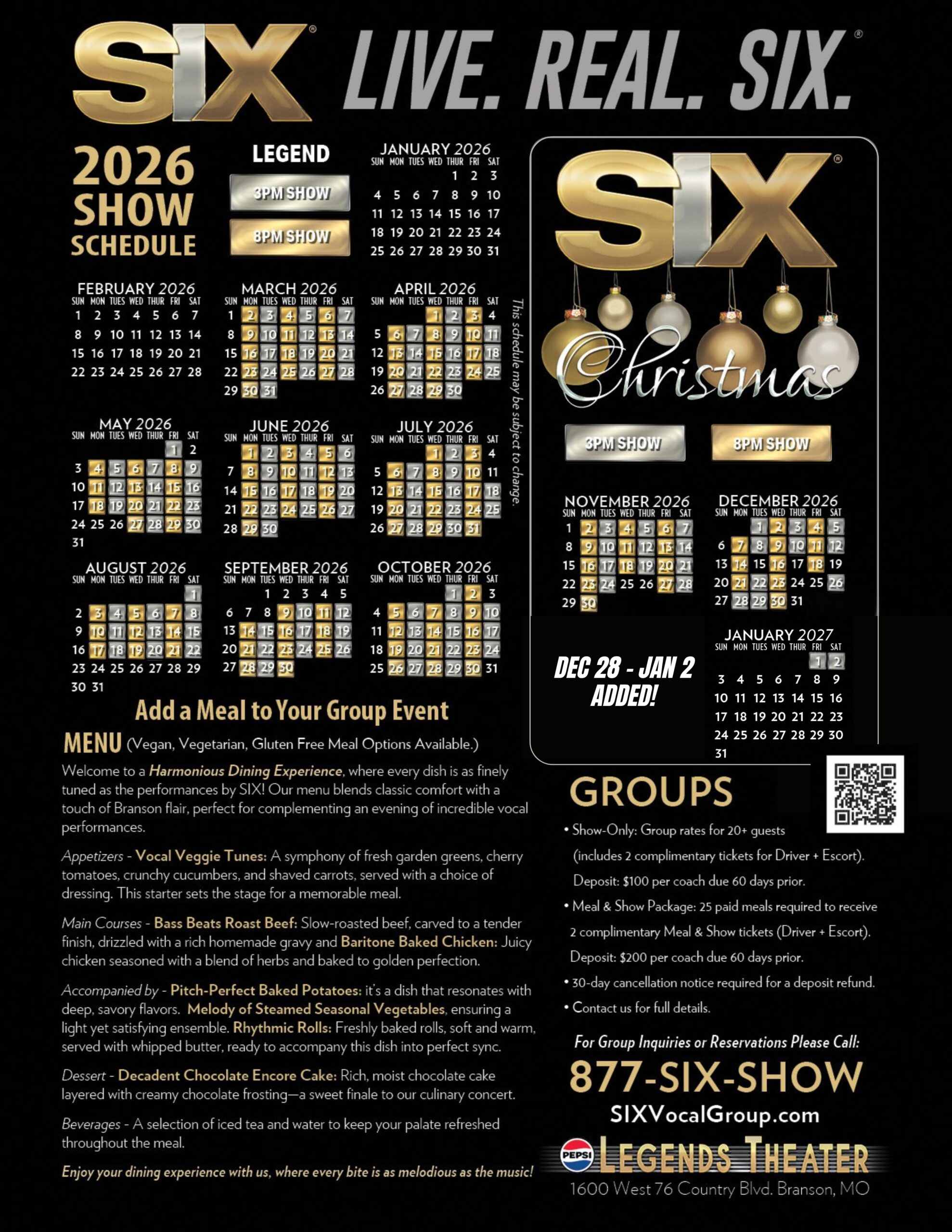 SIX show schedule for 2026 including Christmas show schedule